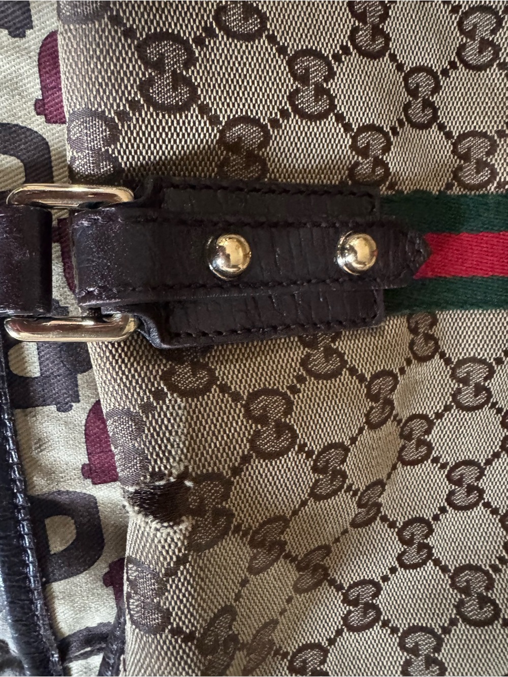 Gucci Beige GG Canvas Tote with Brown Leather Trim and Red-Green Web Stripe - Picture 12 of 12